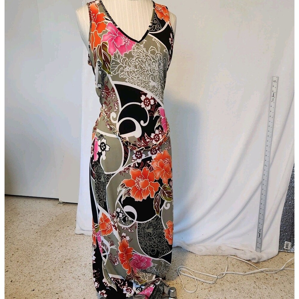 Cache Women's Sz M Sleeveless Tropical Tank Maxi Stretch Dress w/ Chain Belt